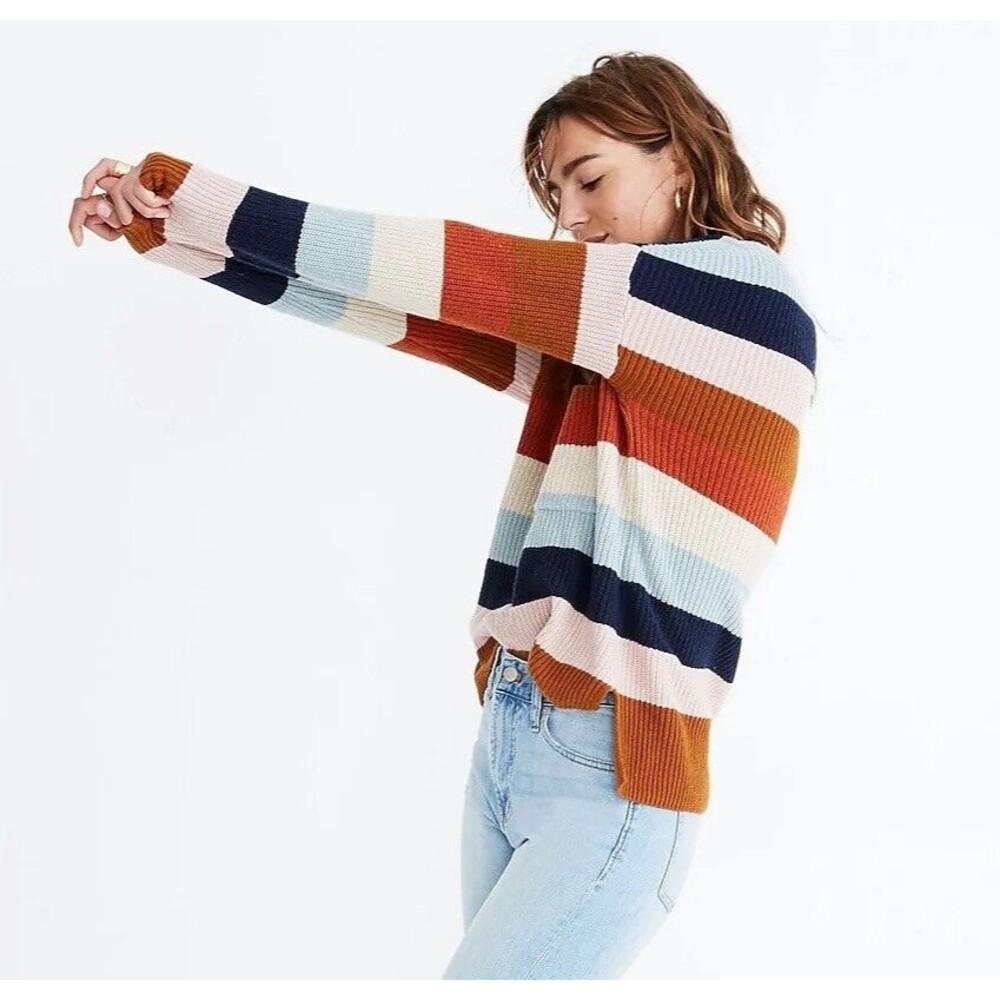 Madewell Pullover Sweater XS Pocket Rainbow Stripe Thompson Hi Low Fawn Boxy - Picture 3 of 11